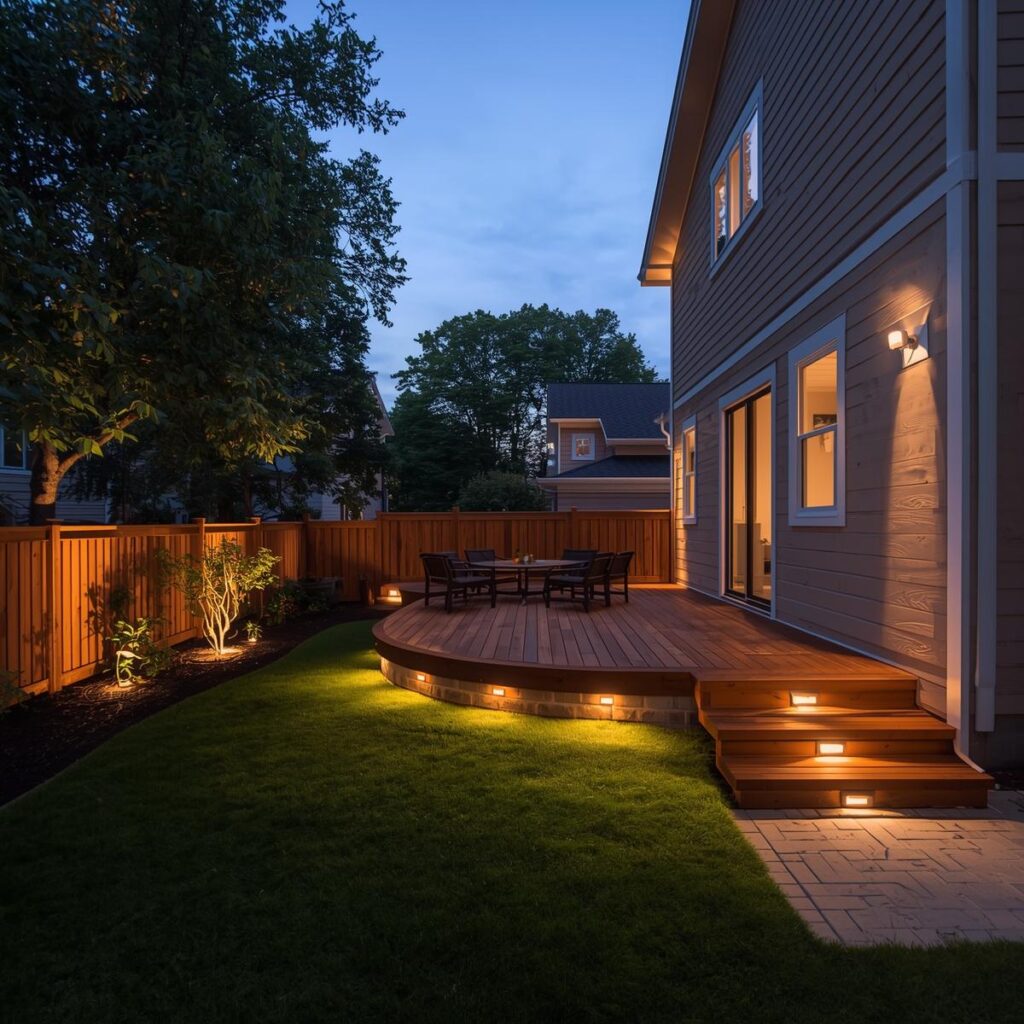 backyard garden of modern house, nice deck with lights shoining up from within it (1)