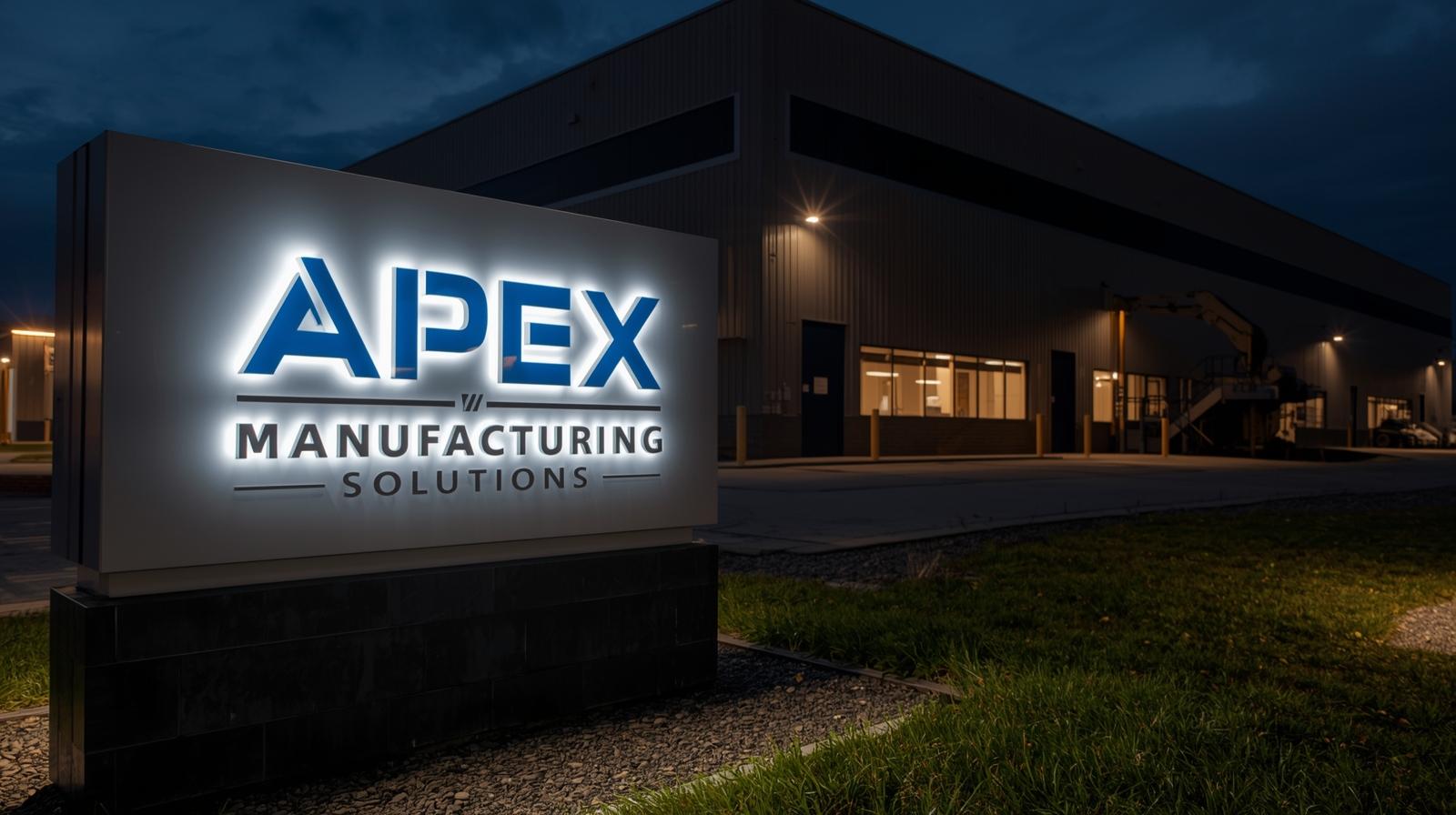 business light signage on outsite of factory. come up with a random business name.