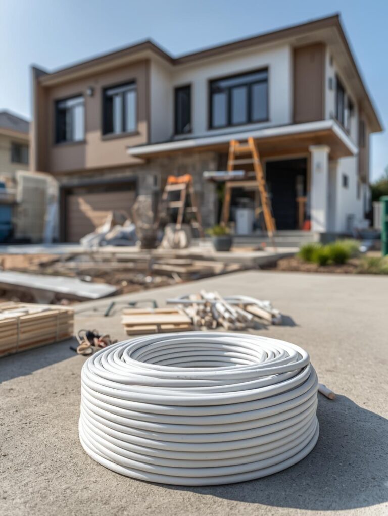 modern house being renovated, white electrical cable on roll infront