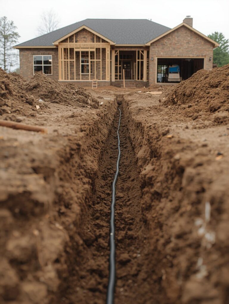 trench dug for running underground power to new home