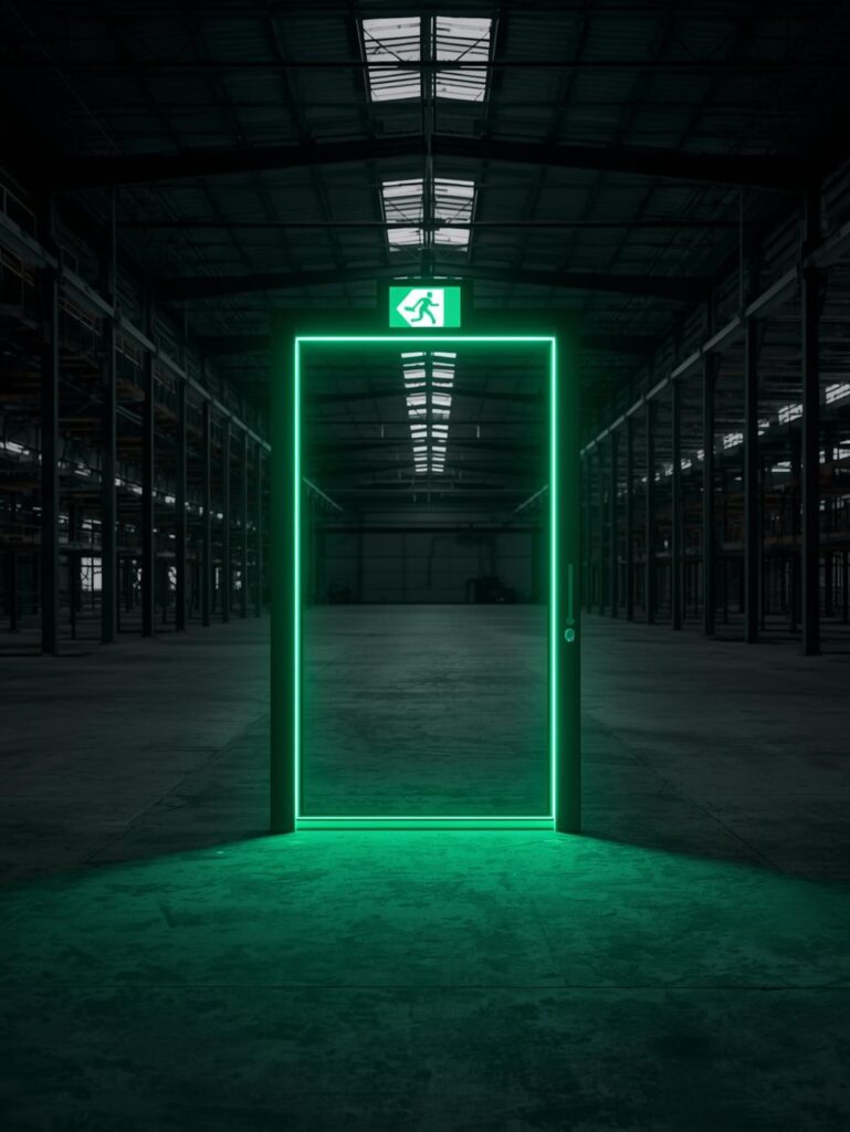 green emergency exit sign in a factory warehouse