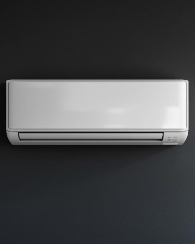 white split system on wall of modern home, dark wall